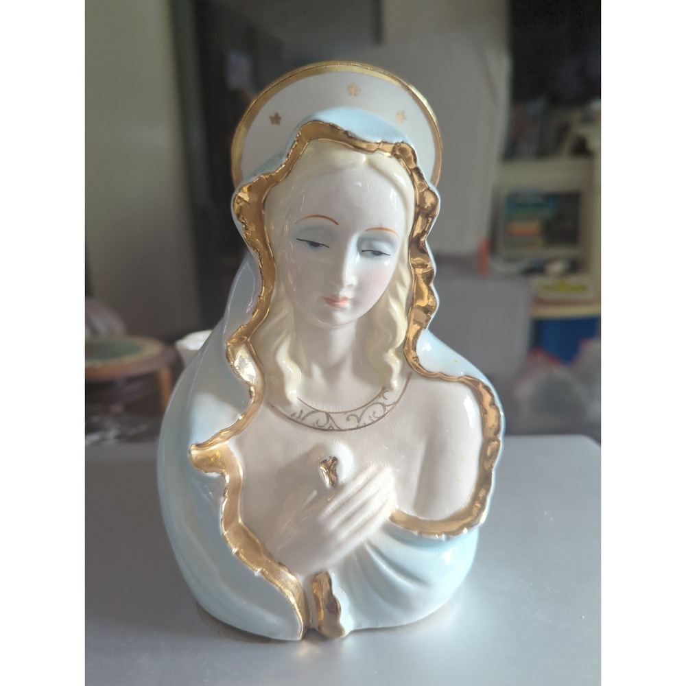 Vintage Mary Madonna Ceramic Planter Head Vase Planter Blue & Gold